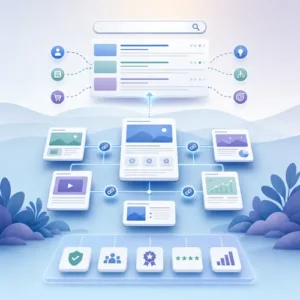 Generated editorial image for this article showing abstract search results and content pages connected by internal links and trust signals.