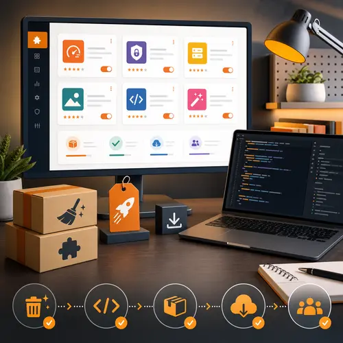 A tidy WordPress plugin workspace with release cards, code, packages, and cleanup checkmarks