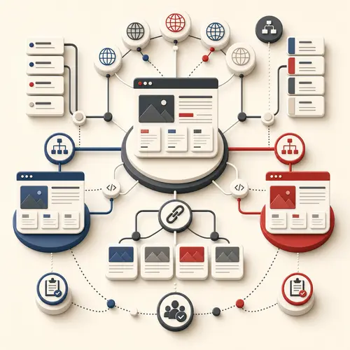 Generated editorial image for this article showing a multilingual WordPress publishing workflow with connected pages, language nodes, menus, and review checkpoints.