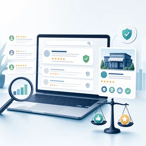 Generated editorial image for this article showing search results, review signals, and trust monitoring for online reputation management.