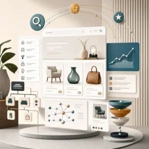 E-commerce SEO illustration with product cards, search signals, analytics and structured data