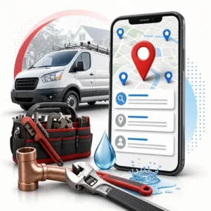 Generated editorial image for this article showing plumber local search visibility on a phone for urgent service calls.