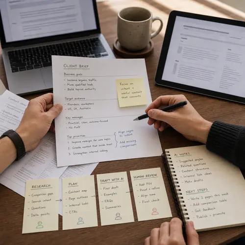 Generated editorial image showing a client brief, AI notes, and human review planning