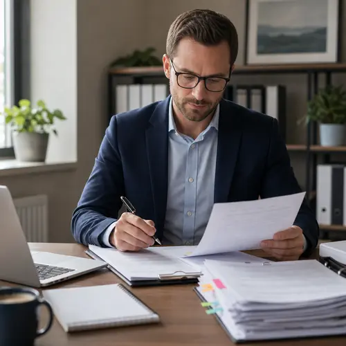 Generated editorial image of an auditor reviewing documents at a desk beside a laptop.