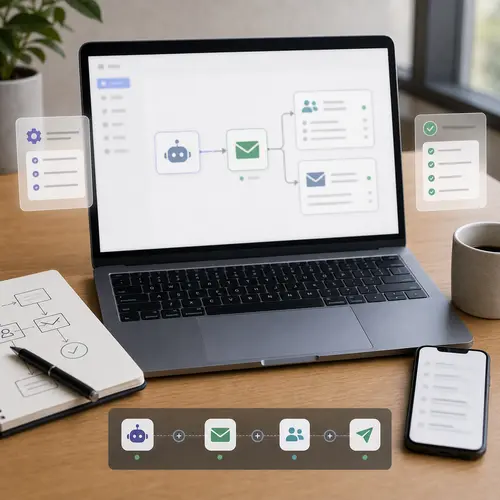 Generated editorial image showing an AI assistant workflow connected to email marketing contacts and campaigns.