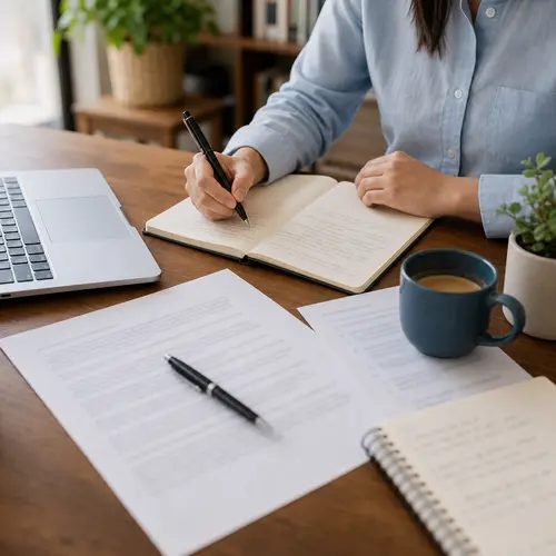 Generated editorial image of a person writing business article notes at a desk beside a laptop.