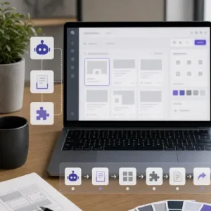 Generated editorial image showing an AI assistant workflow connected to website template management controls.