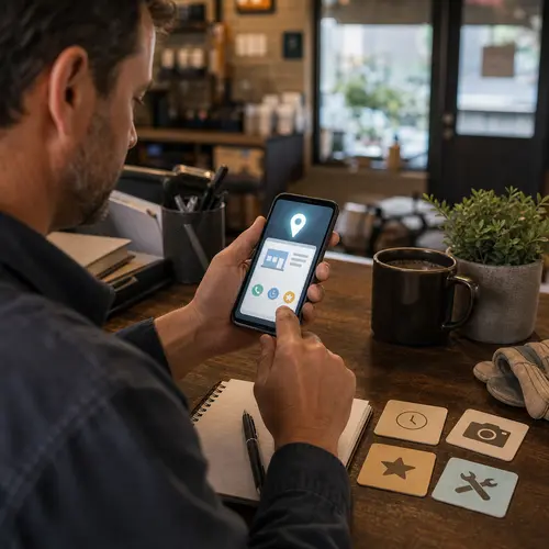Generated editorial image of a local business owner checking profile visibility on a phone.