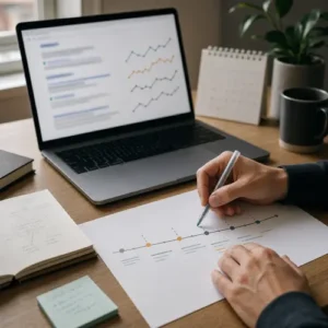 Generated editorial image for How Long Do SEO Rankings Last, showing an analyst reviewing ranking changes and a maintenance timeline.