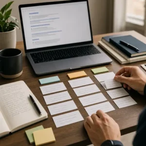 Generated editorial image for Keyword Research for Beginners, showing buyer language cards being sorted into intent groups.