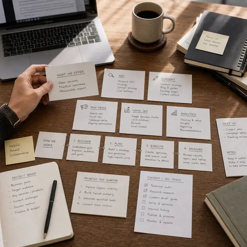 Online Marketing Services: What We Offer and How We Work 2 Generated editorial image showing online marketing service scope cards and workflow notes