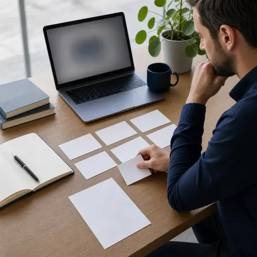 Generated editorial image of blank question cards and draft pages for content planning.