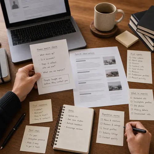 Generated editorial image showing name search evidence and reputation checklist notes