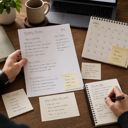 Generated editorial image showing a monthly SEO review and next-month priorities