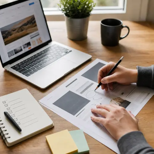 Hands reviewing a printed page audit beside a laptop for on-page SEO work.