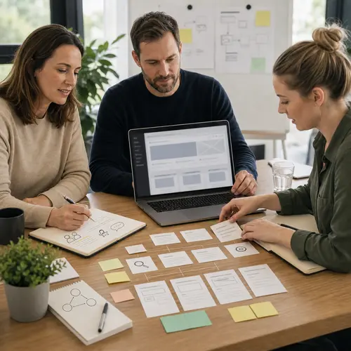 Generated editorial image showing a business expert, developer, and SEO strategist planning website content together.