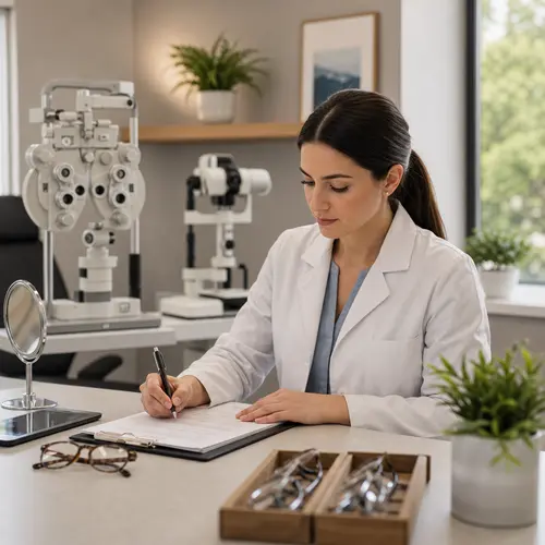 Generated editorial image of an optometrist writing notes in a modern exam room with eye-care equipment nearby.