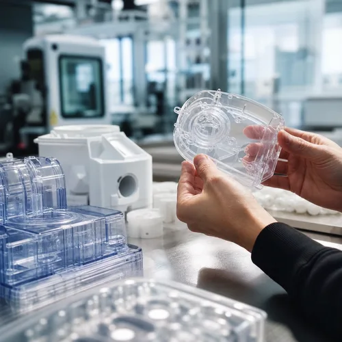 Plastdel ved siden av materialprøver og måleverktøy som viser funksjon, overflate og kontroll
