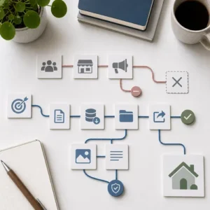 A tabletop scene shows one closing platform route and a stronger owned-assets route leading to a stable home marker.