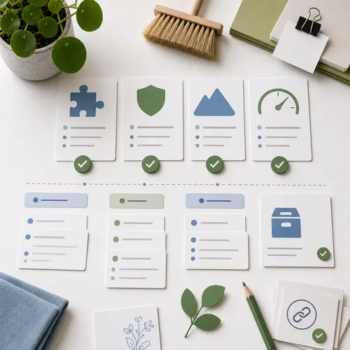 Generated editorial image for this article showing organized plugin cards, package cards, and check tokens arranged for a cleanup review.