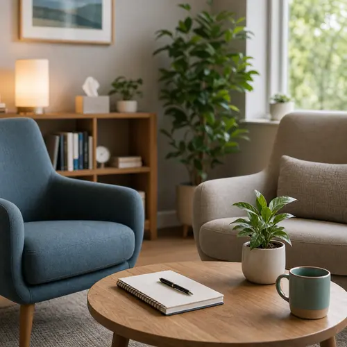 Calm therapy office with two chairs, notebook, plant, and soft daylight.