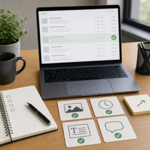 Generated editorial image showing a draft queue and publishing checklist for consistent content creation.