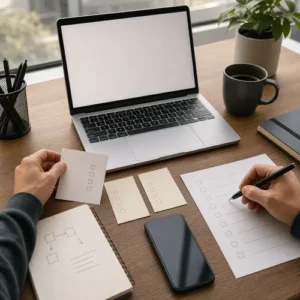 Generated editorial image of manual rank verification notes beside a blank laptop.