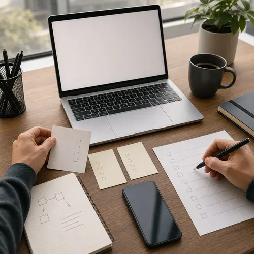 Generated editorial image of manual rank verification notes beside a blank laptop.