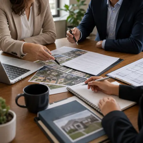 Generated editorial image of real estate professionals planning local market strategy around a desk.