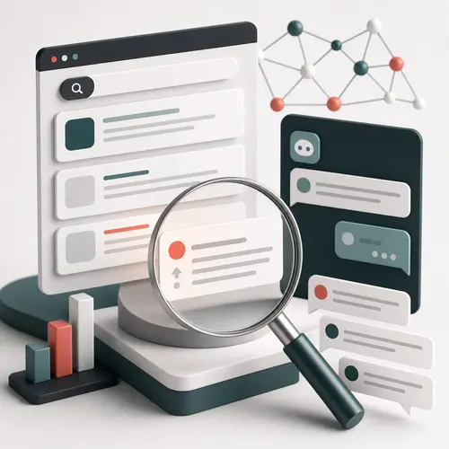 Abstract search result and discussion interface showing AI search visibility analysis