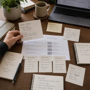 Generated editorial image showing search market research notes and channel decision cards