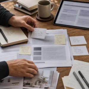 Generated editorial image showing source cards and page drafts for SEO in AI search