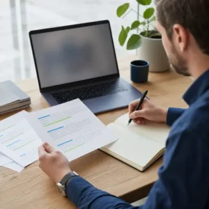 Generated editorial image of a marketer reviewing search-result notes while writing snippet ideas at a desk.