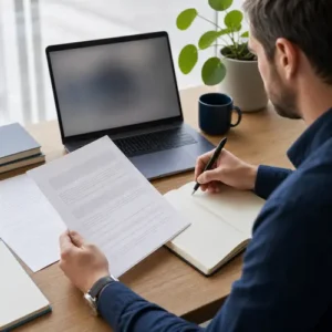 Generated editorial image of a business owner reviewing SEO vendor proposals at a desk.