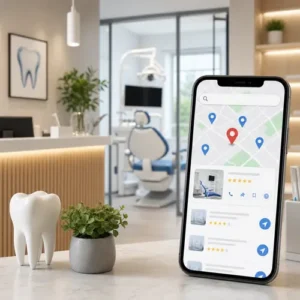 Abstrakt lokal SEO-oversikt for tannlegekontorer med Google-synlighet, pasienthenvendelser og tillitssignaler