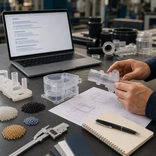 Generated editorial image for SEO for Plastics Manufacturers, showing molded plastic parts, material samples, and supplier evaluation notes.