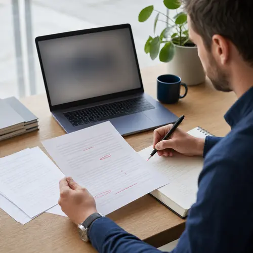 Generated editorial image of a marketer reviewing site notes and marking SEO corrections at a desk.