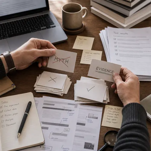 Generated editorial image showing myth and evidence cards for SEO testing