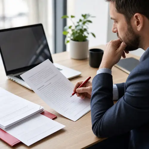 Generated editorial image of a business owner reviewing an SEO vendor proposal with a red pen.