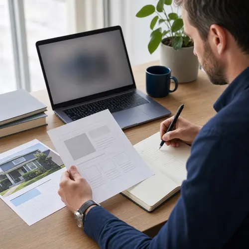 Generated editorial image of a service-business owner reviewing their own website planning notes.