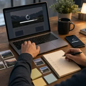Generated editorial image of website speed optimization work on a laptop and phone.