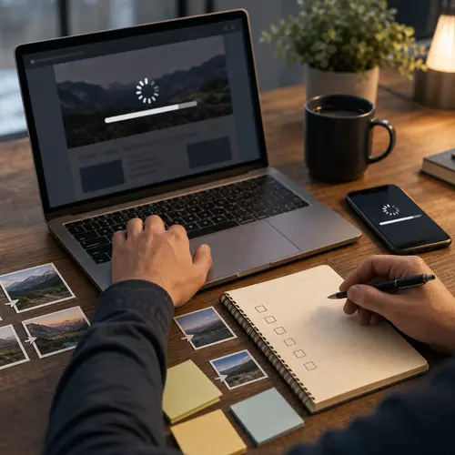 Generated editorial image of website speed optimization work on a laptop and phone.