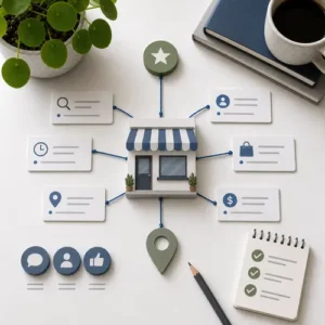 Generated editorial image for this article showing a small storefront connected to local search, proof, review, and buying-intent cards.