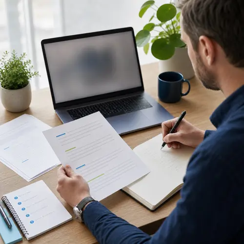 Generated editorial image of a small-business owner reviewing search visibility notes at a desk.