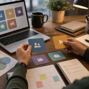 Generated editorial image of business social media channel planning cards on a desk.
