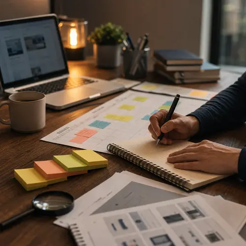 Generated editorial image of focused SEO planning work at a desk.