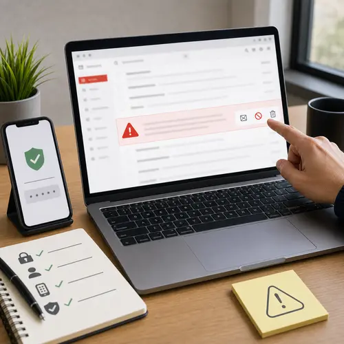 Generated editorial image showing a suspicious email being reported and account security steps being checked.
