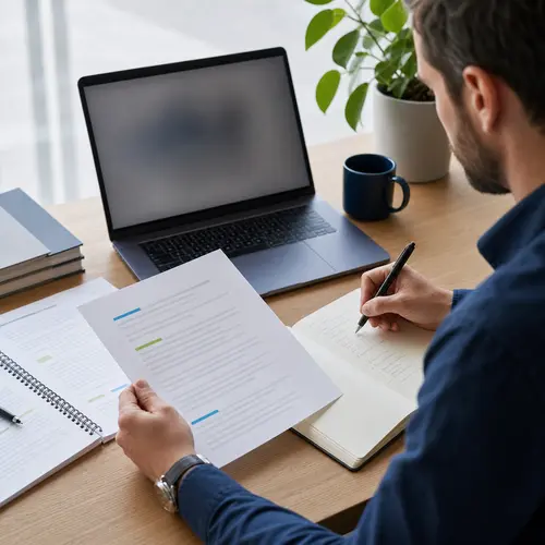 Generated editorial image of a marketer reviewing channel planning notes for traffic acquisition.