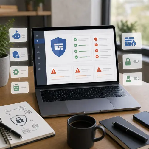 Generated editorial image showing an AI assistant workflow connected to website firewall and security controls.