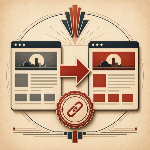 Art Deco illustration of an old web page moving directly through one arrow to a relevant new page